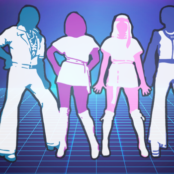 Représentation stylisée en silhouettes lumineuses du groupe ABBA.