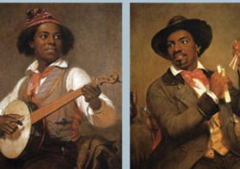 Un montage de deux peintures représentant des musiciens noirs d'époque, l'un jouant du banjo et l'autre des percussions. Tous deux portent une chemise blanche avec un foulard rouge.