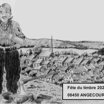 Illustration en noir et blanc avec un vieil homme devant une vue panoramique d'une ville de campagne nommée Angecourt accompagnée du texte "Fête du timbre 2026, 08450 Angecourt".