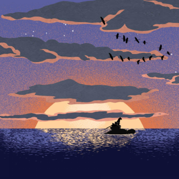 Illustration d'une silhouette solitaire dans une petite embarcation sur l'eau, sous un soleil couchant et des nuages texturés, avec un vol d'oiseaux migrateurs dans le ciel.