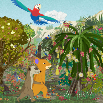 Une illustration colorée montrant une mangouste et un petit animal orange marchant ensemble dans une jungle, avec un perroquet volant au-dessus d'eux.