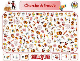 Jeu cherche et trouve avec des petites illustrations colorées sur le thème du cirque dispersées de manière désordonnée sur un fond blanc.