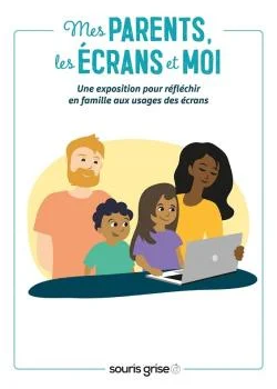 Affiche d'une exposition avec deux parents, deux enfants réunis autour d'un ordinateur portable 