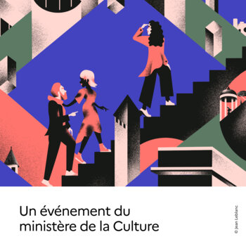 Affiche des Journées européennes du patrimoine, illustrée par des personnages explorant un environnement architectural stylisé