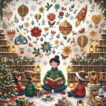 Une illustration montrant une personne assise en tailleur dans une bibliothèque enneigée, lisant un livre à des enfants et des elfes, entourés de cadeaux, d'un sapin décoré et de motifs festifs flottant dans les airs.
