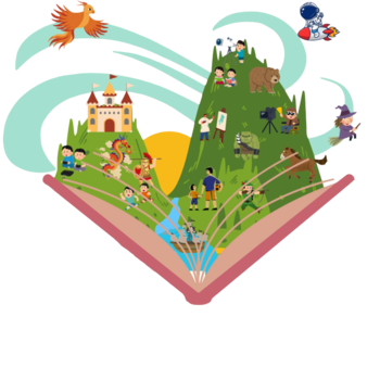 Illustration montrant un livre ouvert d'où s'échappe un monde imaginaire composé de montagnes vertes, de personnages de contes (château, dragon, sorcière) et de scènes de vie (enfants qui lisent, explorateurs, astronaute).