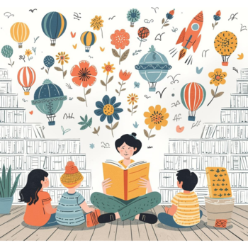 Une illustration montre une femme lisant un livre assise en tailleur devant trois enfants, au milieu d'une bibliothèque, avec des dessins de montgolfières, de fleurs et une fusée flottant au-dessus d'eux.
