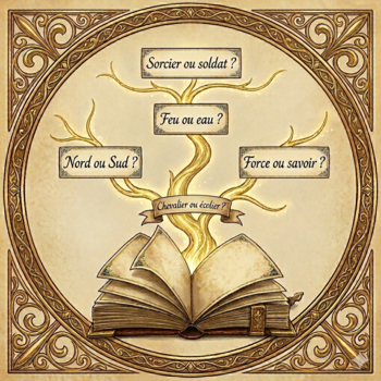 Une illustration fantastique représentant un livre ouvert d'où s'élève un arbre doré. 