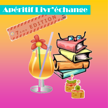 Illustrations colorées de livres, d'un cocktail et de mini apéritifs sur un degradé de couleur orange et rose. 