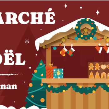 Illustration pour le marché de Noël de Carignan, montrant un chalet en bois décoré de guirlandes, de couronnes et de friandises.