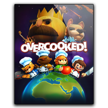L'affiche du jeu vidéo « Overcooked! » présente quatre petits chefs cuisiniers alignés sur le sommet de la planète Terre, avec en arrière-plan un oignon géant portant une couronne et une moustache