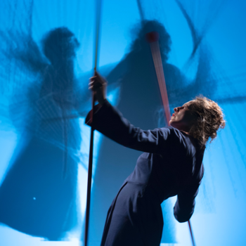 Une femme en robe sombre manipule de longues tiges sur une scène baignée d'une lumière bleue intense tandis que son ombre floue et démultipliée se projette en arrière-plan.