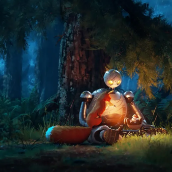 Une illustration représentant un robot assis dans une forêt sombre et luxuriante interagissant avec un renard.