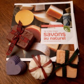 Photographie de différents savons à base de produits naturels.
