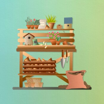 Illustration d'un établi de jardinage en bois, garni de plantes en pot, de semis, d'un nichoir, d'outils suspendus et d'un sac de terreau posé au sol