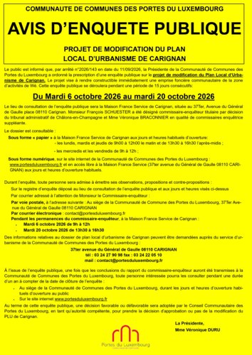 Affcihe : Avis enquête publique - Modification PLU Carignan